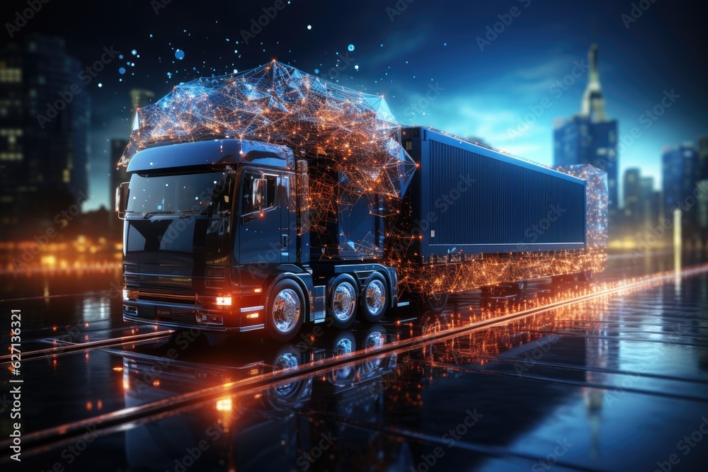 Business logistics and transportation concept of a container cargo truck and cargo with a working crane bridge in a shipyard and a sunset in the background. Generative AI