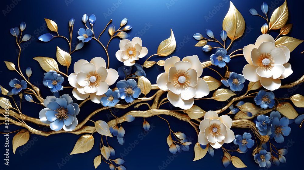 Elegant gold and royal blue floral tree with leaves and flowers hanging ...