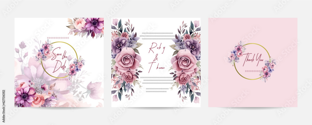 Wedding invitation card with purple rose floral design. Watercolor floral decoration and abstract background