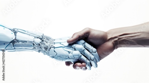 Robot and man shaking hands, Symbolizing cooperation between AI and humans.