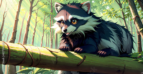 Raccon in the forest - cartoon illustration  photo