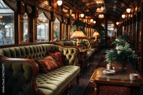Velvet seats inside a train car in the style of luxury, with a table and windows, sunlight shines through the windows. Generative AI © itchaznong
