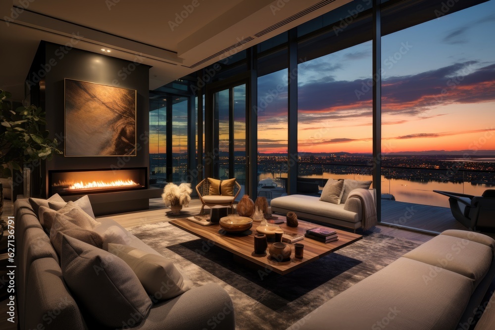 Exquisite and captivating living room feature showcasing a sunrise view in a brand new residence. Exquisite and captivating living room feature showcasing a sunrise view in a brand new residence.