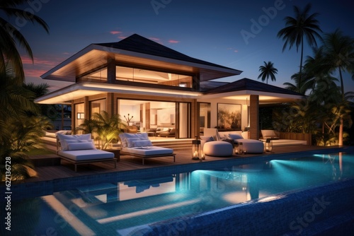 Luxurious pool villa with a visually stunning interior and exterior design. The living room offers a picturesque view of the night sky from the comfort of your own home  complete with a pool  sun bed