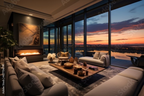 Exquisite and captivating living room feature showcasing a sunrise view in a brand new residence.