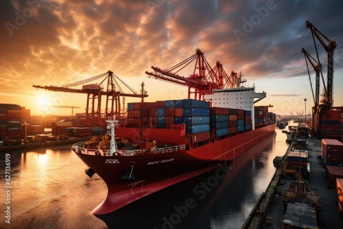 Business logistics and transportation concept of a container cargo ship and cargo with a working crane bridge in a shipyard and a sunset in the background. Generative AI