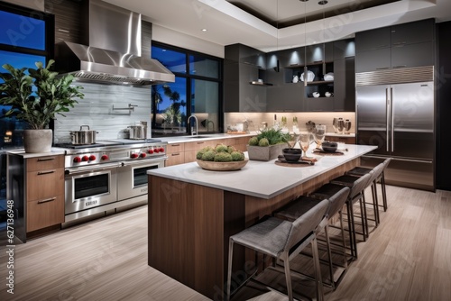 Exquisite kitchen in a brand-new upscale residence boasting sleek stainless steel appliances.