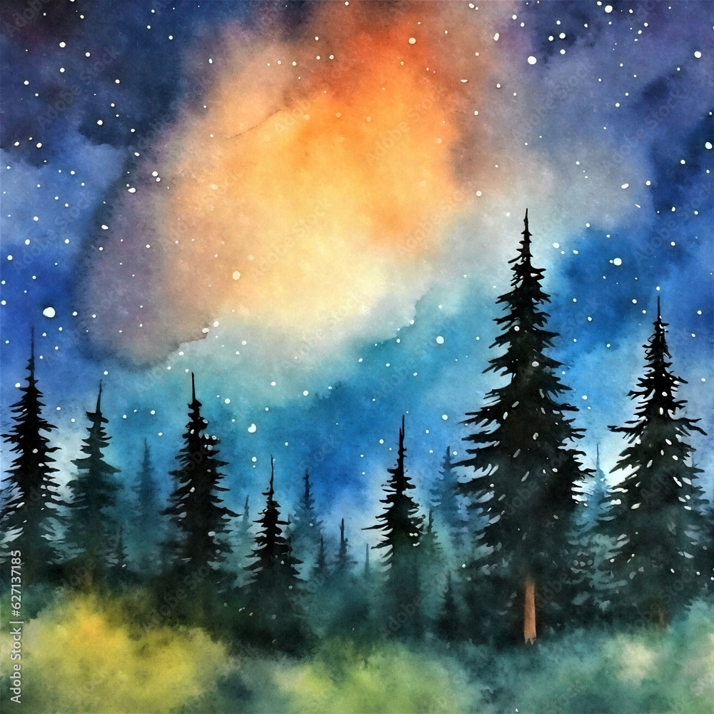Fototapeta premium night sky with forest and clouds landscape watercolor