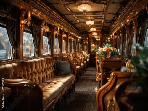 Velvet seats inside a train car in the style of luxury, with a table and windows, sunlight shines through the windows. Generative AI