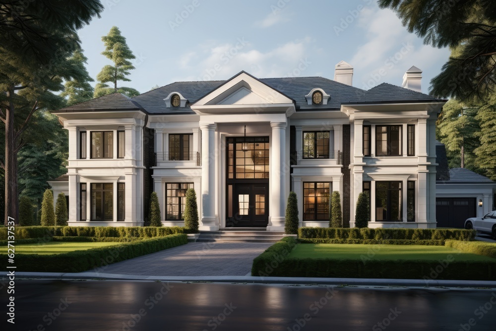 Image showcasing Gorgeous newly built upscale residence with an exquisite exterior. A ...