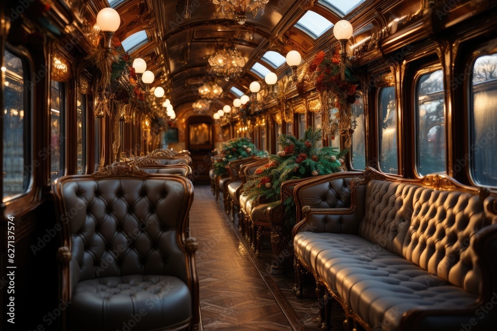 Leather seats inside a train car in the style of luxury, with a table and windows, light from lamps to illuminate. Generative AI