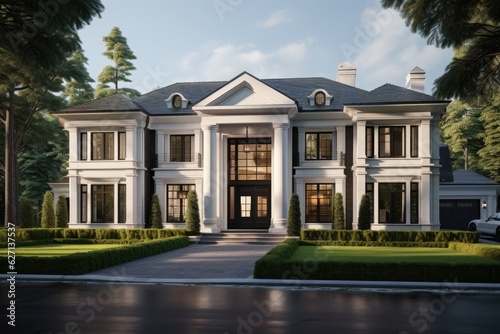 Gorgeous newly built upscale residence with an exquisite exterior. A classic house located in a suburban area, boasting a three-car garage, two levels, and a grand entrance adorned with columns. © 2rogan
