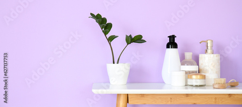 Houseplant and bath accessories on table near lilac wall in bathroom. Banner for design