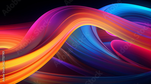 Ai artwork of Abstract neon background. Fluorescent lines glow in a dark. Virtual dynamic ribbon. Fantastic panoramic wallpaper. Energy background. Generative ai.