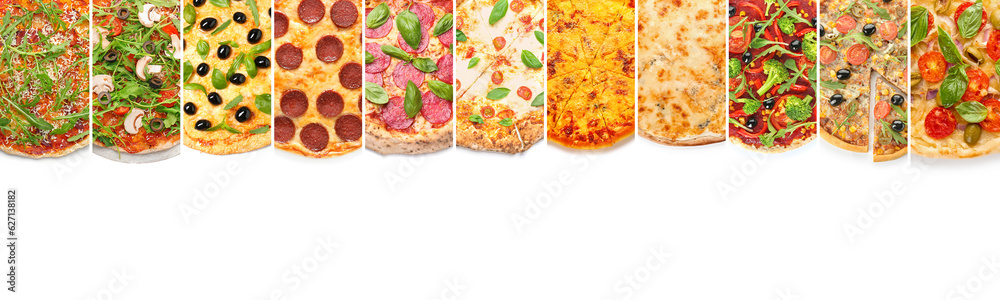 Collage with many different pizzas on white background, top view Collage with many different pizzas on white background, top view