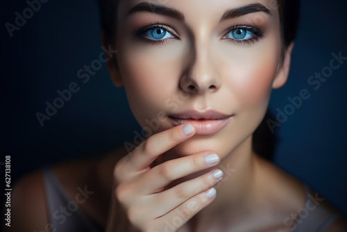 A beautiful blue-eyed woman is looking at the camera.