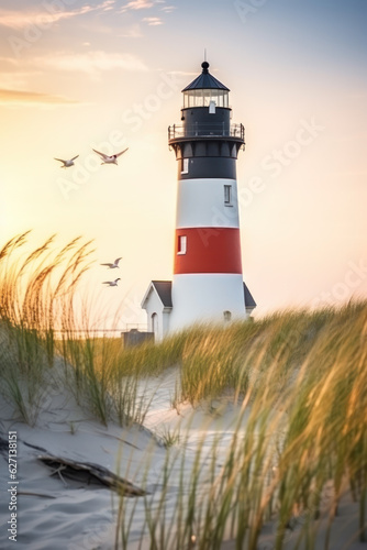 Black and white lighthouse and seagulls on a sandy beach.