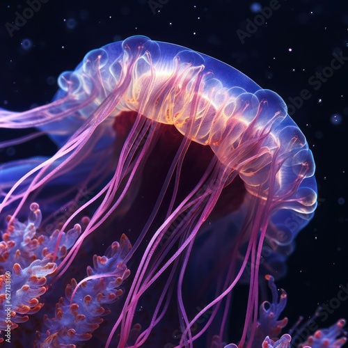 Fluorescent jellyfish with tentacles in the depths of the ocean. AI generation 