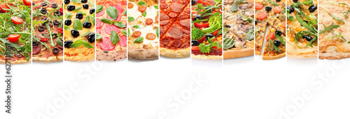 Collage with many different pizzas on white background