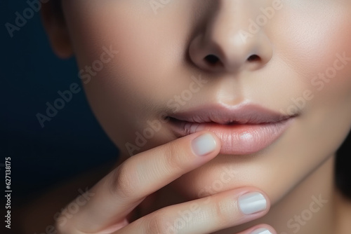 Beautiful woman model touches her lips. Close-up.