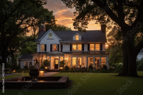Photographie Gorgeous sunset illuminates a stunning house designed in a charming colonial architectural style