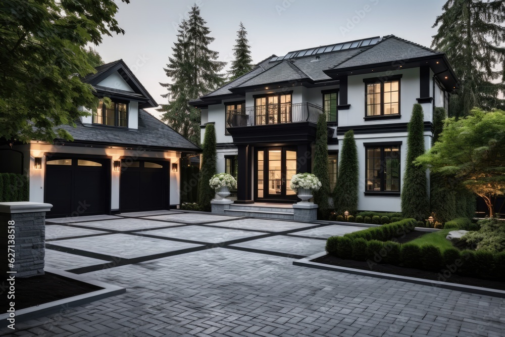 Large, bespoke affluent dwelling featuring an impeccably designed front garden and an extensive, generously sized driveway leading to the garage, situated in the suburbs of Vancouver, Canada.