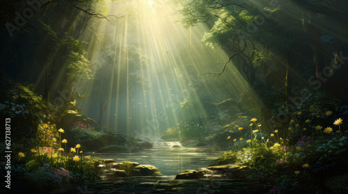 Ai artwork of rays of light in the forest. Sunrays. Generative ai.