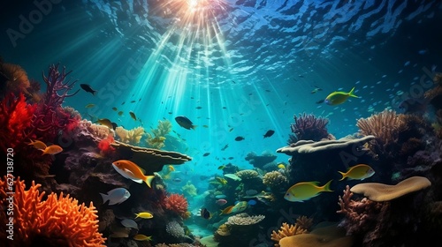 Vibrant tropical coral reef, adorned with colorful fish © Abdul