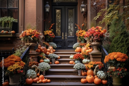 During the autumn season in New York City, a charming brownstone residence is adorned with vibrant pumpkins and vibrant flowers, creating a visually appealing spectacle on its staircase. © 2rogan