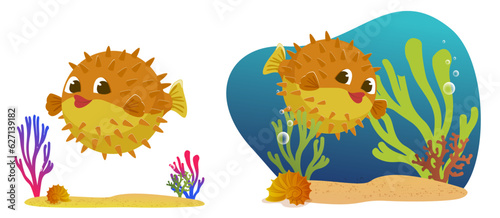 ball fish, blowfish, Cute drawn vector isolated illustration in children's cartoon style.