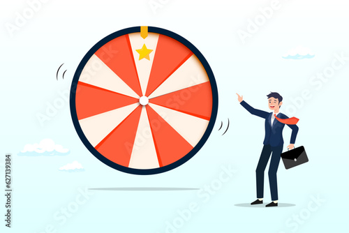 Excite businessman looking at spinning fortune wheel waiting for luck, life depend on luck, fortune wheel randomness, chance and opportunity to get new job, investment winning or gambling (Vector)