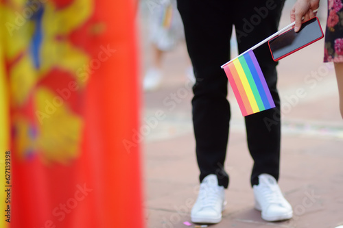 Activists are holding rainbow flag and Montenegro flag on the march on the city street during the Pride Parade. Fighting for equality os sexual minorities.