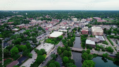 high drone aerial of Naperville Illinois USA downtown aerial. Beautiful view in the summer.  DuPage County photo