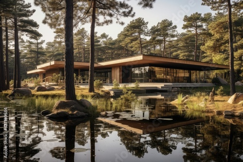 In a pine forest, stands an administrative building featuring a man-made pond. The structure itself is a pavilion composed of wooden elements, with its exterior adorned with wooden accents.