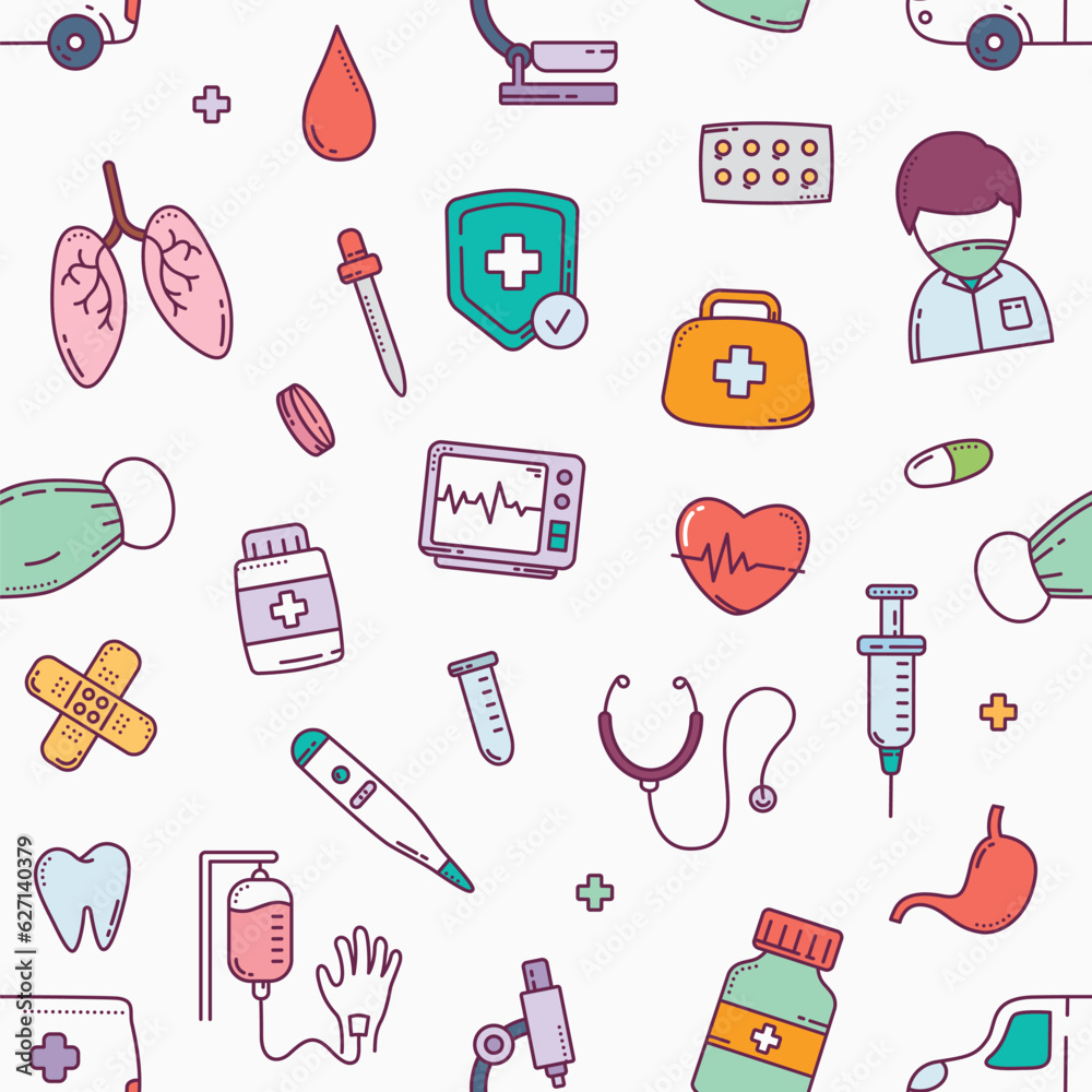 Healthcare and medical equipment doodle hand drawn seamless pattern Healthcare and medical equipment doodle hand drawn seamless pattern