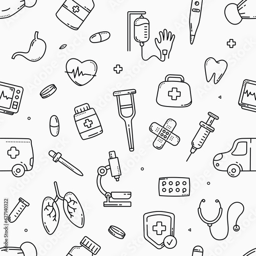 Healthcare and medical equipment doodle hand drawn seamless pattern