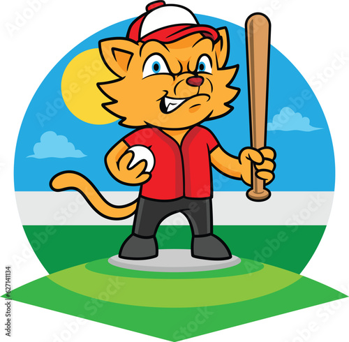 Cat Playing Baseball Vector Illustration