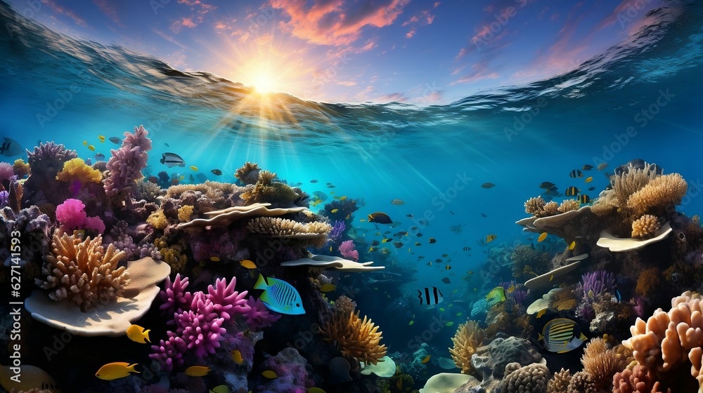 Colorful coral sea with tropical fish swimming