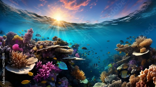 Colorful coral sea with tropical fish swimming