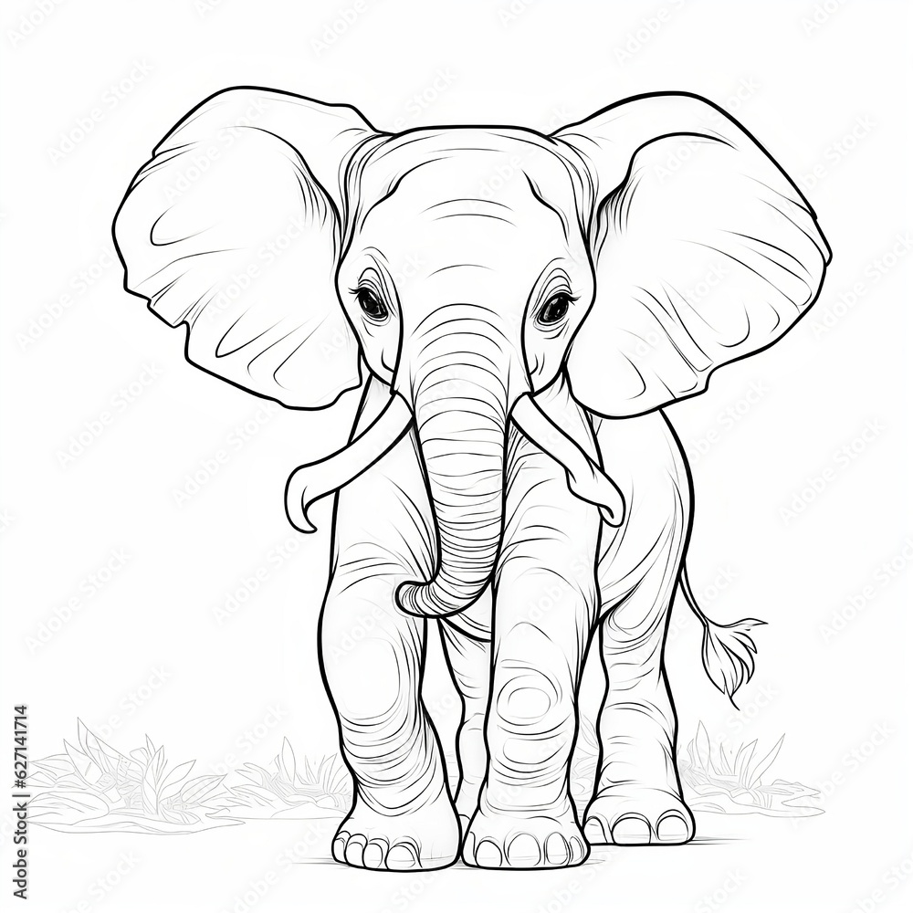 Obraz premium Cute baby elephant coloring page for kids. Animal coloring page created with Generative AI technology