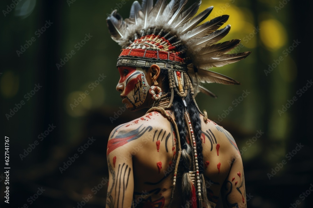 Native American man from the back observing the landscape. Native American Indian on blurred background, Generative AI