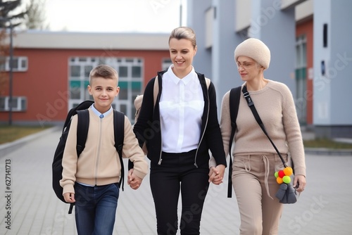 Lesbian couple walking their son to school created with Generative AI technology. Back to school