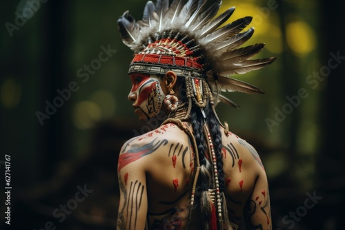 Native American man from the back observing the landscape. Native American Indian on blurred background, Generative AI