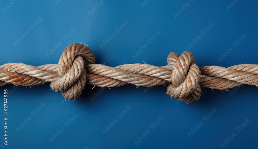Knotted rope on blue background, horizontal rope, Generative AI
