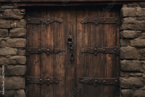 Wooden door and metal locks on the dungeon wall, castle door, Generative AI
