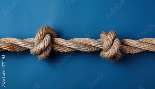 Knotted rope on blue background, horizontal rope, Generative AI 