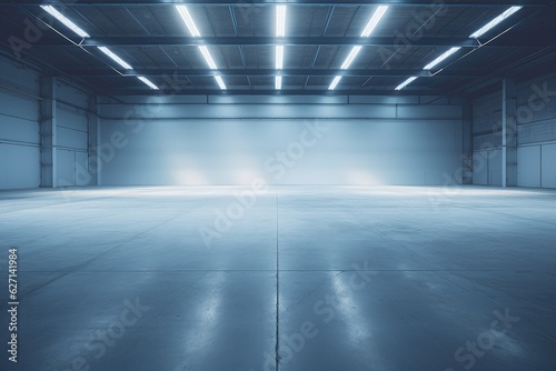 Concrete shed and empty metal structure, empty warehouse, Generative AI
