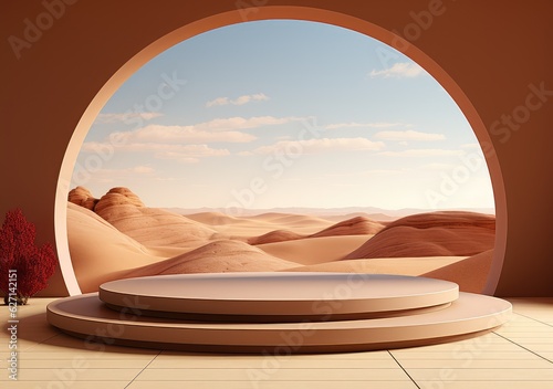 Round wooden saw cut cylinder shape on beige background abstract background. product podium with architecture columns on warm tone. AI Generative © peacehunter