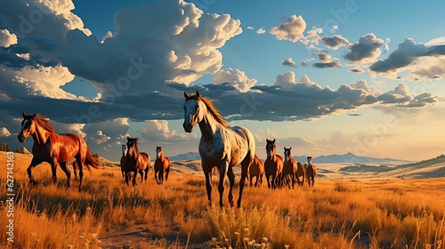 Expansive prairie with wild horses  tall grass