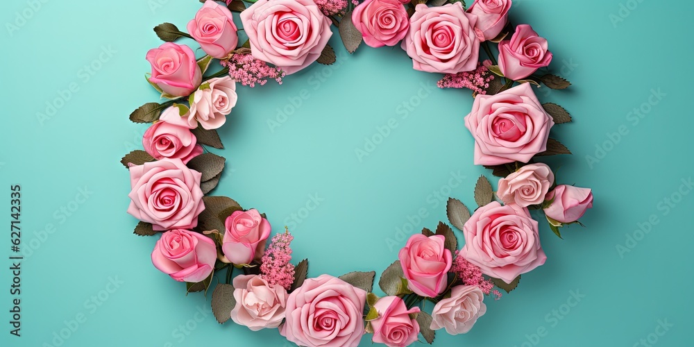 Pink flowers arranged in a circle around a blue background, Generative AI Pink flowers arranged in a circle around a blue background, Generative AI